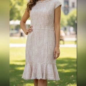 NANETTE LEPORE Tweed Pink Flounce Dress Fringe Hem Size 12 Soft Girl